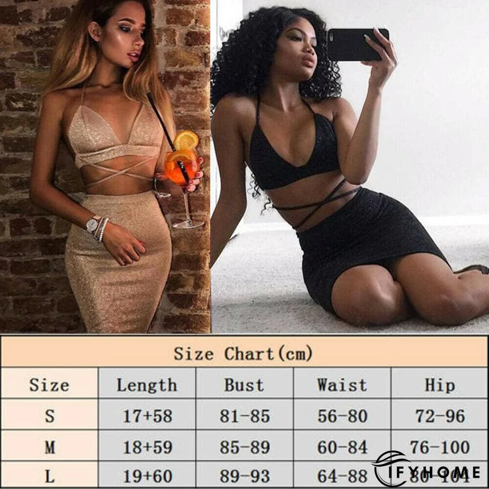 Women 2 Piece Set Party Dress Summer Ladies Casual Bandeau Cut Out Multi Tie Bodycon Slim Bardot Top Skirt Clubwear | IFYHOME