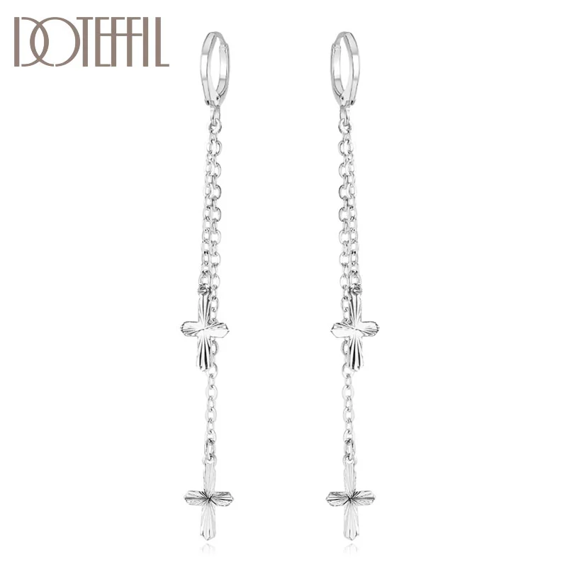 DOTEFFIL 925 Sterling Silver Cross Pendant Tassel Earrings Charm Women Jewelry