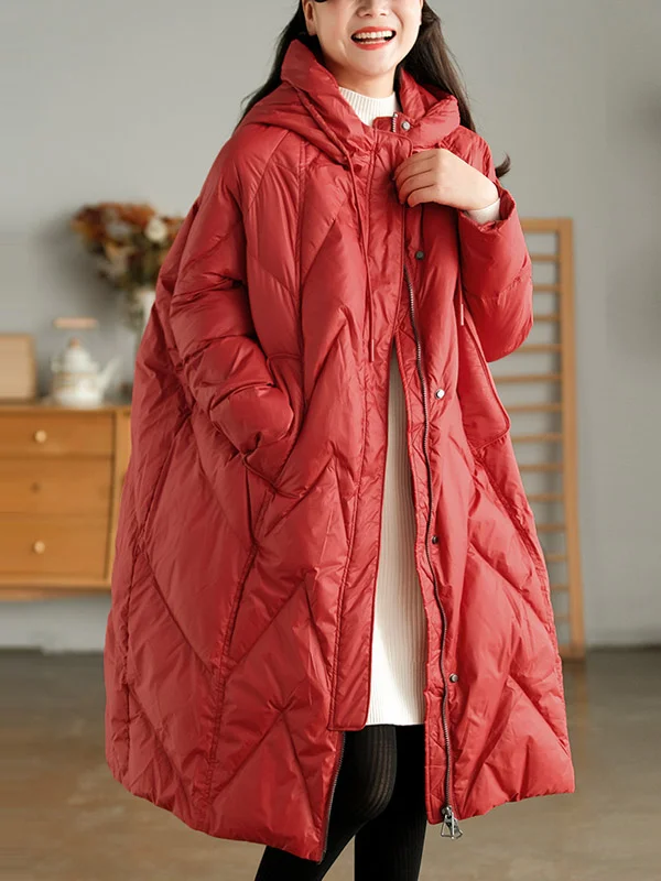 Vintage Loose Drawstring Hooded Solid Color Down Coat