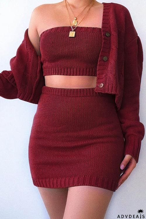 Button Cardigan Skirts Set