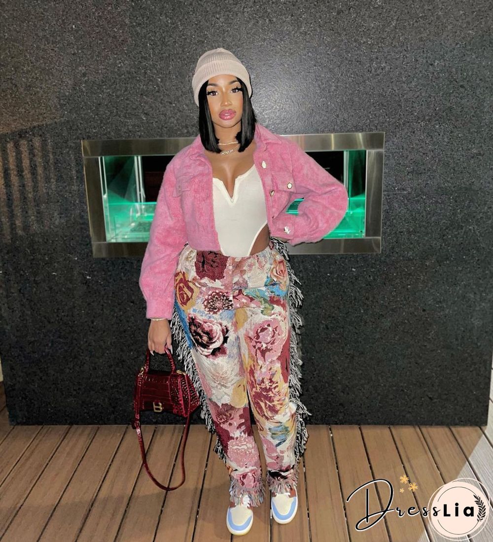 Side Tassels Patchwork Elastic Waist Women Print Jogger Pant