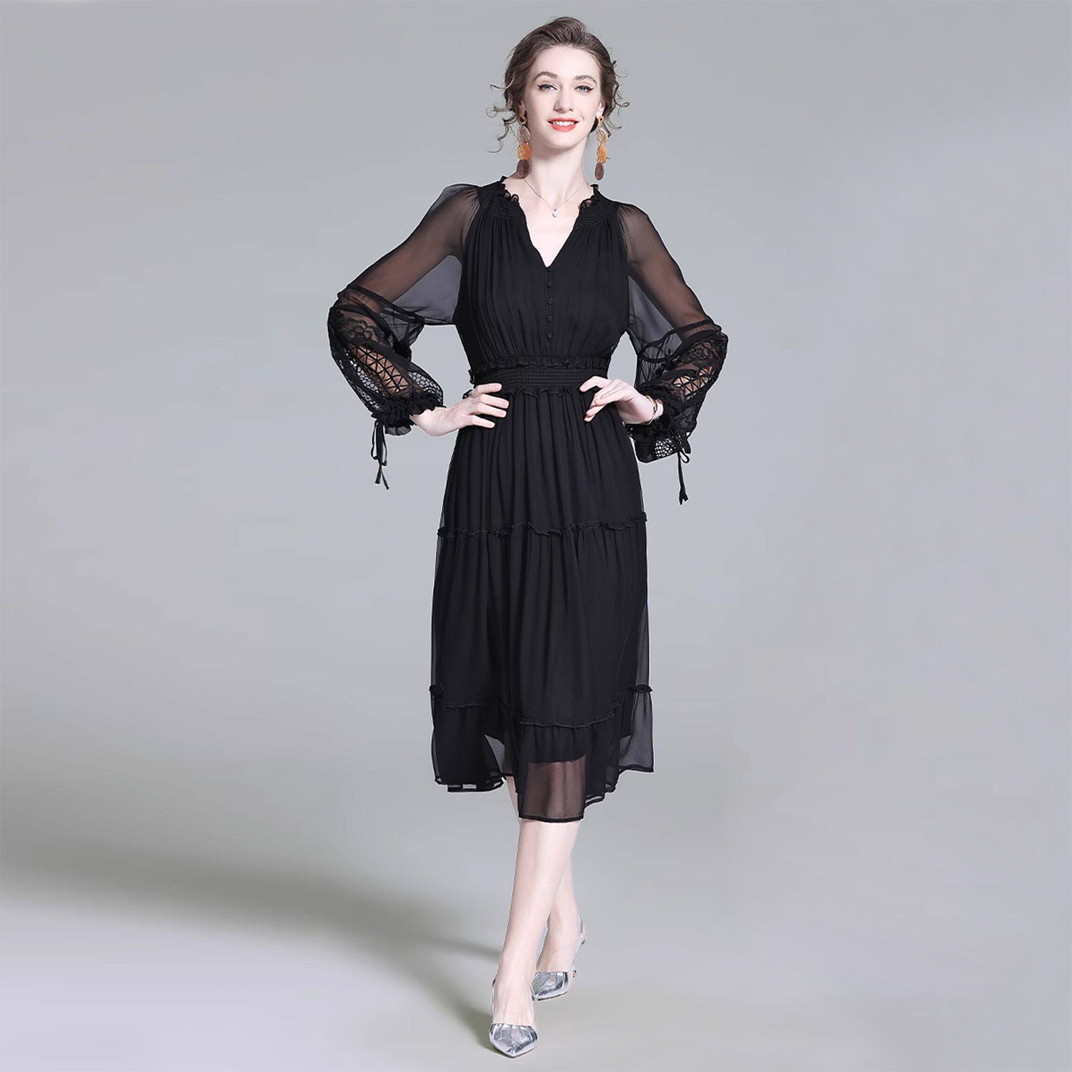 100% Silk Dress V Neck Elegance Vacation Style REAL SILK LIFE
