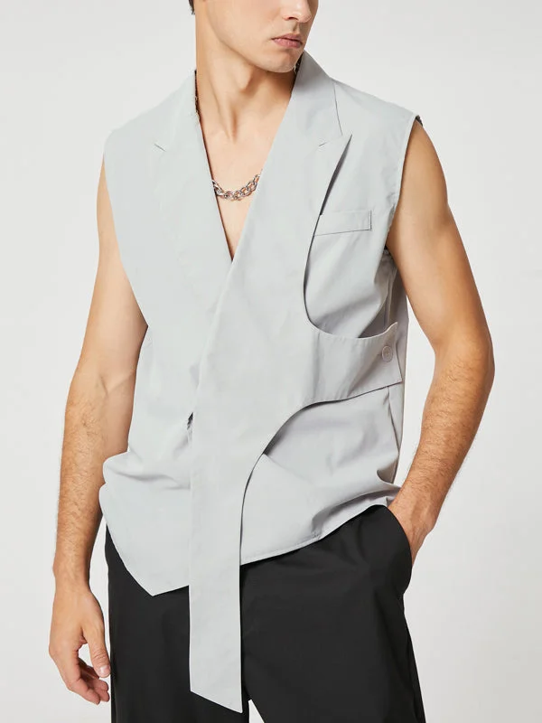 Aonga - Mens Front Asymmetrical Belted Sleeveless Blazer Jacket J