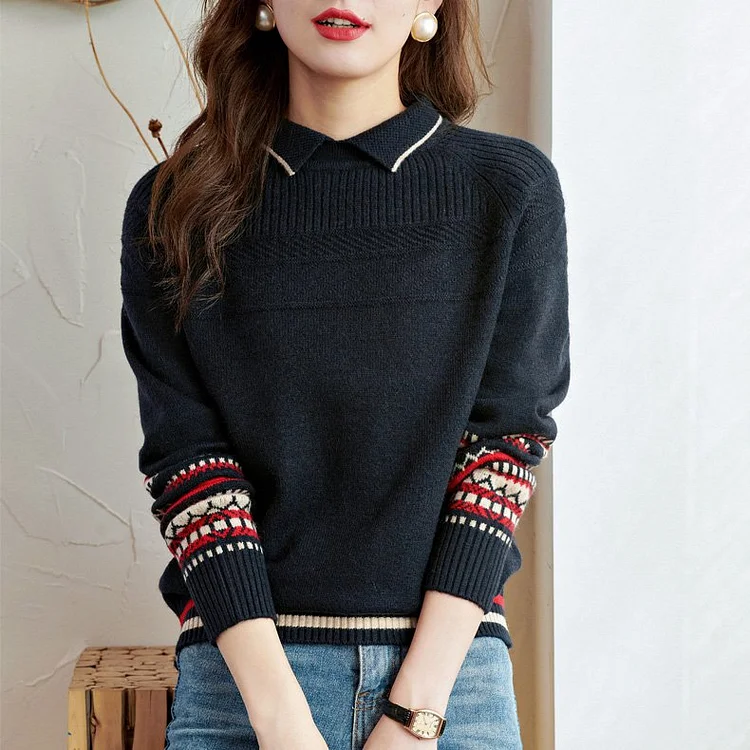 Cotton-Blend Shift Tribal Long Sleeve Sweater QueenFunky