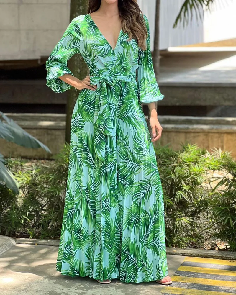 Leaf-print Crinkled Wide-leg Jumpsuit