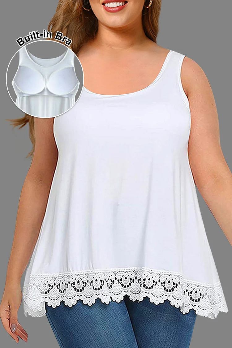 Flycurvy Plus Size Casual White Lace Panel Tank Top With Built In Bra