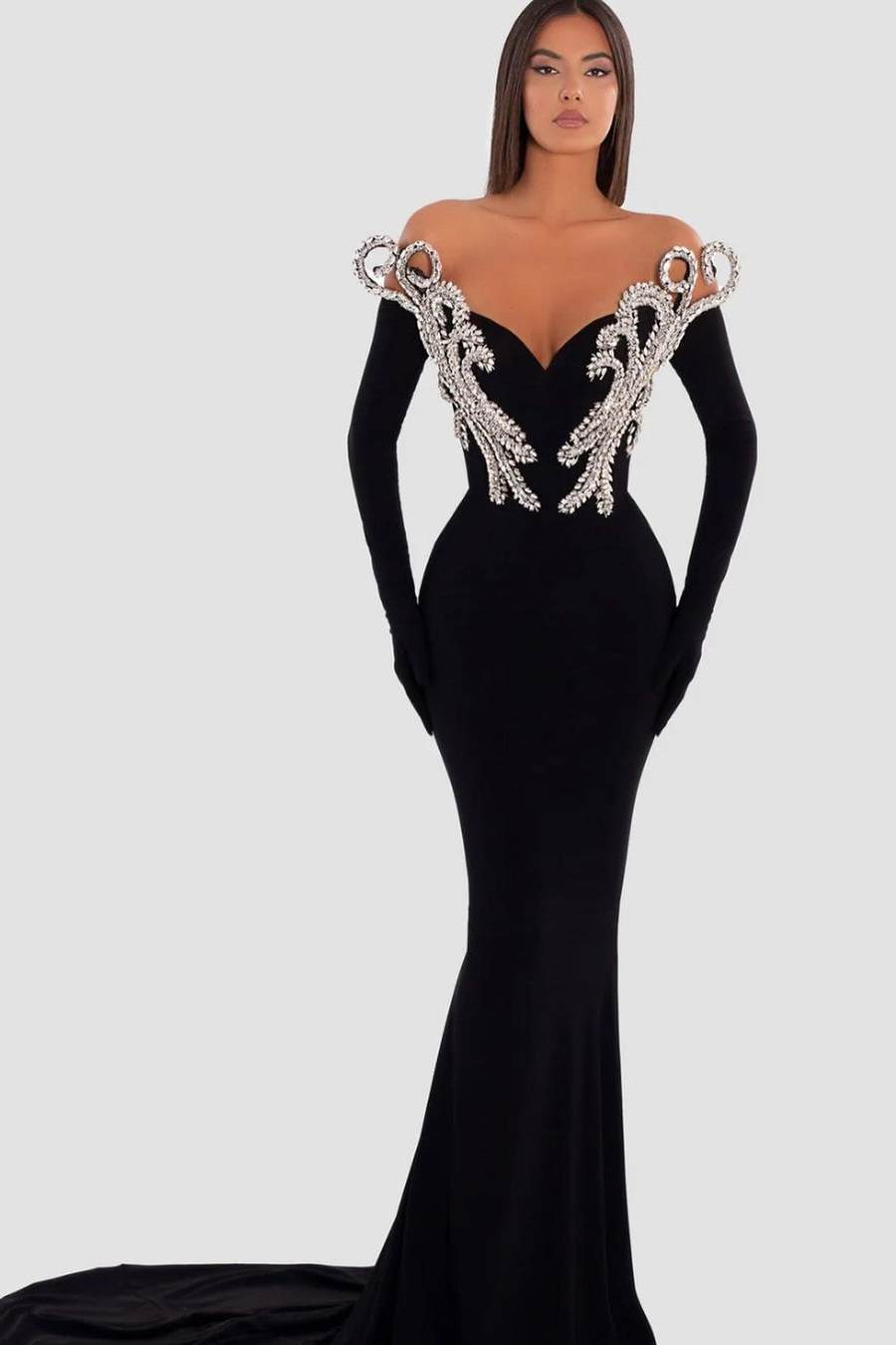 Daisda Black Sweetheart Mermaid Long Sleeve Prom Gown Dress with Gloves