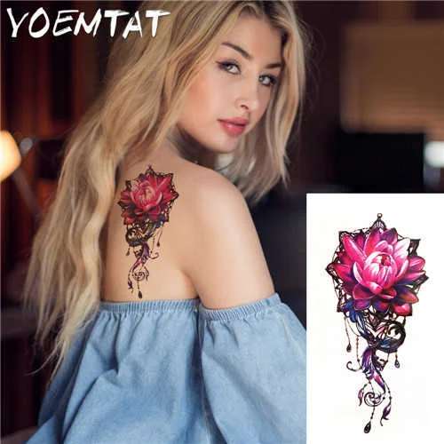 Waterproof Temporary Tattoo Sticker Pink Lotus Rose Lace Flowers Flash Tattoos Snake Dragon Body Art Arm Fake Tatoo Women Men