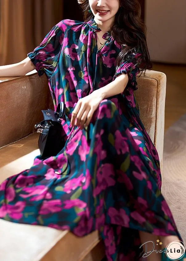 Loose Purple Print Ruffled Lace Up Chiffon Long Dresses Summer