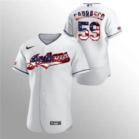 Men's Cleveland indians #59 Carlos Carrasco White 2020 Stars & Stripes Flex Base Stitched Jersey