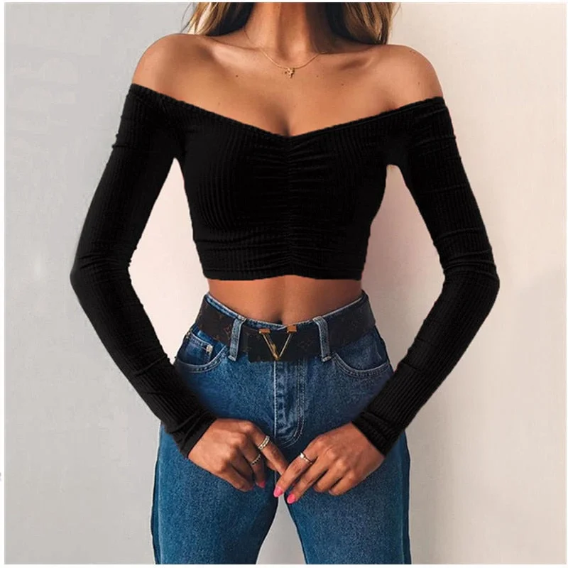 Women Off Shoulder T-Shirts Sexy V Neck Long Sleeve Top Autumn T-Shirts Woman Ruched Slim Clubwear Solid Tee Femme Vestidos