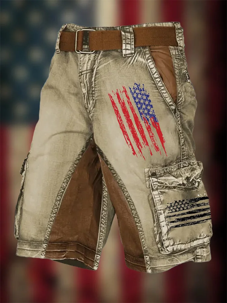 Men's Retro Flag Independence Day Contrast Multi-Pocket Print Cargo Shorts