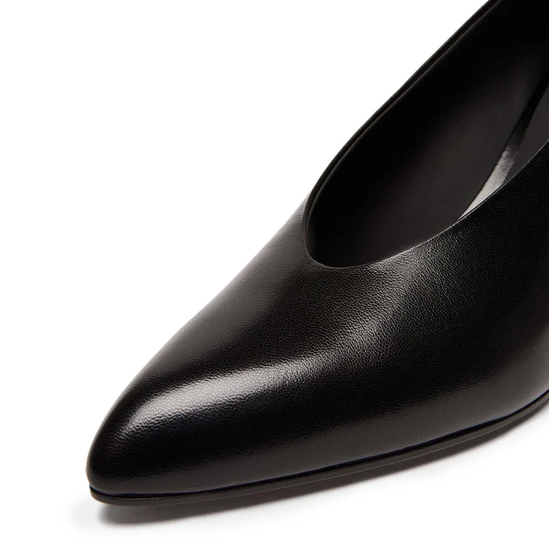 YDN Simple Chunky Heel Slip-On Pointed Toe Pumps Shoes in Black