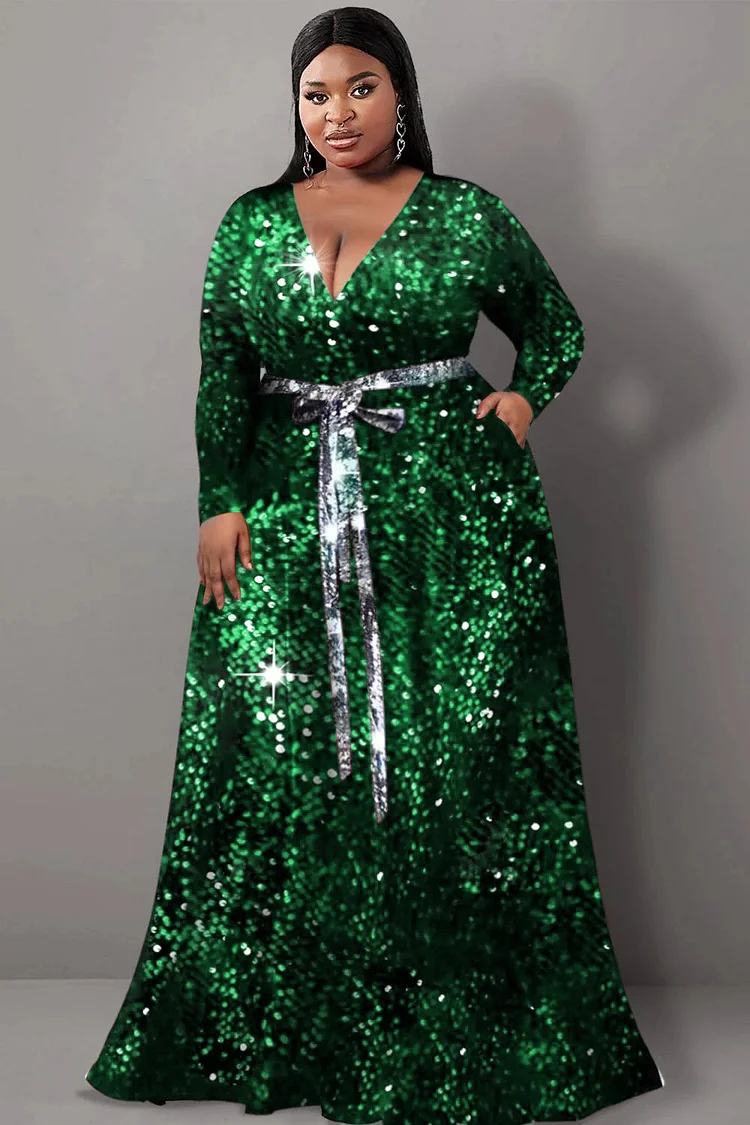 Xpluswear Design Plus Size Semi Formal Dresses Elegant Green All Over Print V Neck Long Sleeve Wrap Knitted Maxi Dresses With Pocket [Pre-Order]
