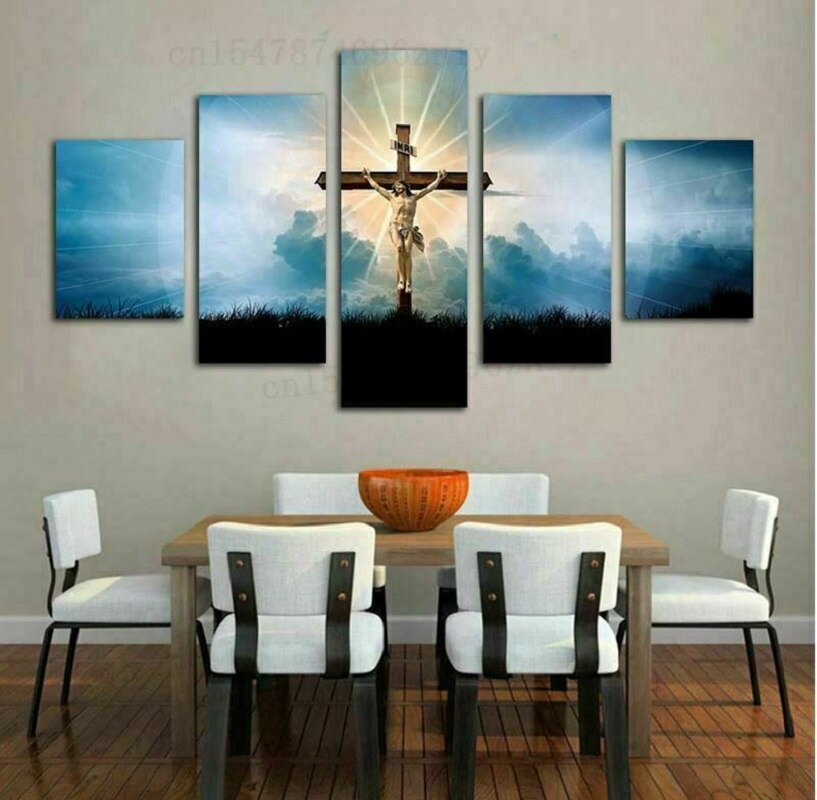 Jesus Cross In Sunshine Regious Canvas Prints Painting Wall Art Home Decor HD Print Poster No Framed Room Decor 5 Panel Pictures