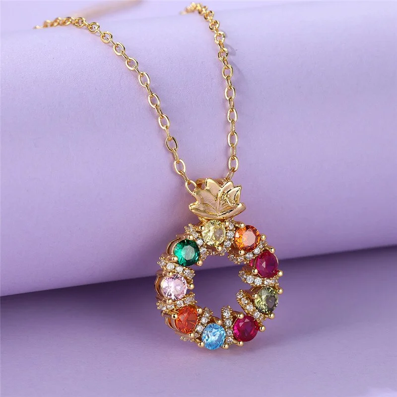 Trendy Female Crystal Round Pendant Necklace Charm Gold Color Chain Necklaces For Women Cute Rainbow Zircon Wedding Necklace