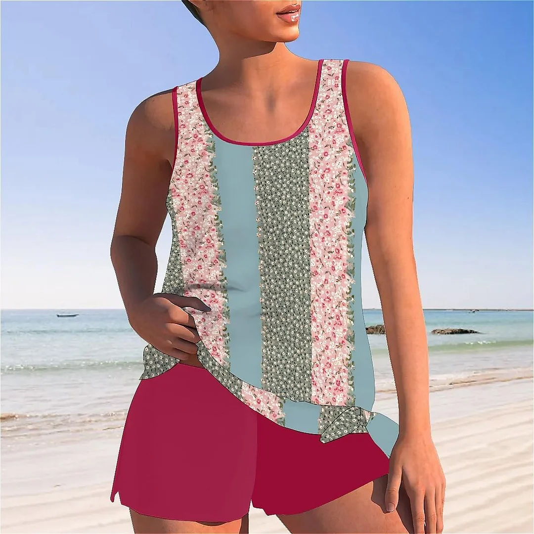 Bowknot Floral,Pink,Green,Stitch Mid Waisted Tankini Set - Plus Size Available