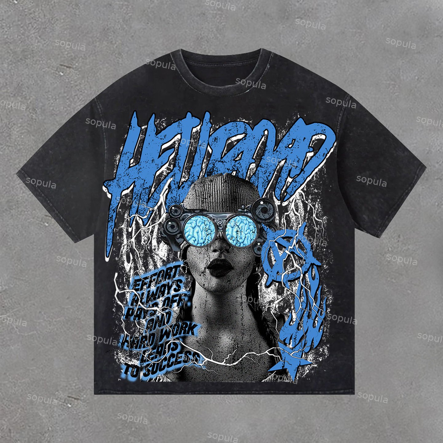 Hell Road Retro Fun Portrait Print Acid Washed T-Shirt