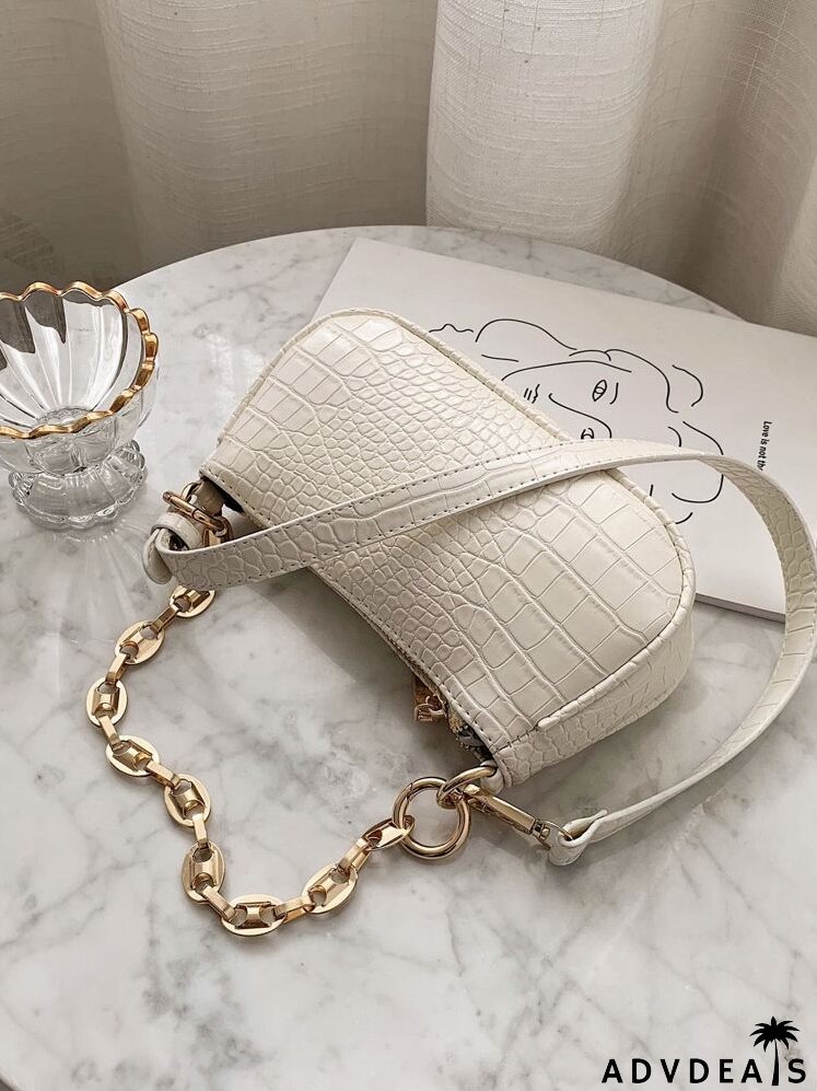Croc Embossed Chain Baguette Bag