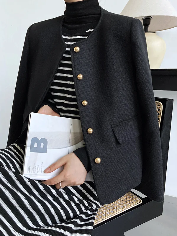 Long Sleeves Loose Buttoned Solid Color Round-Neck Outerwear