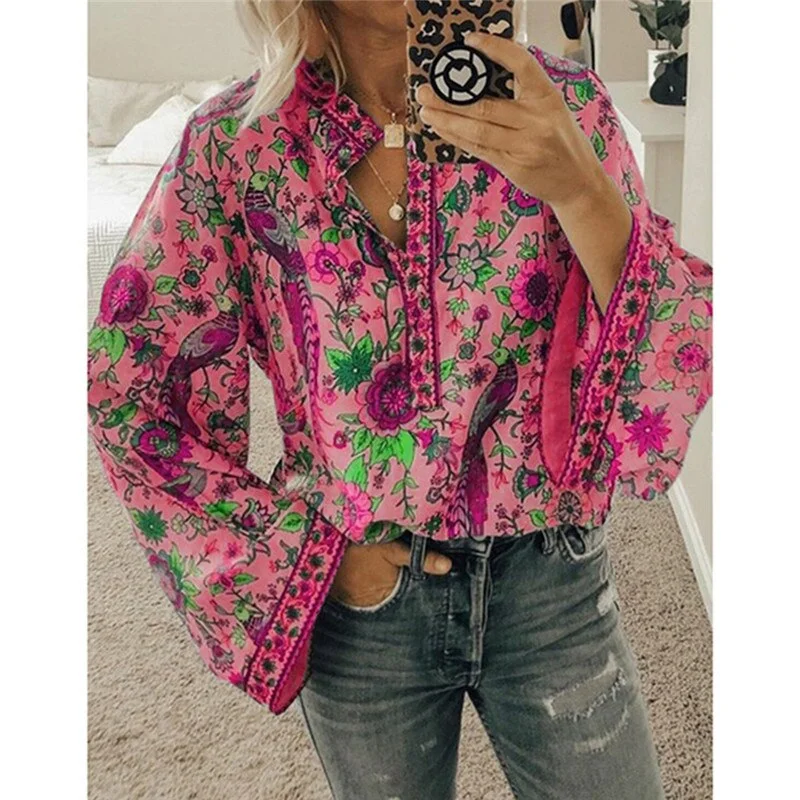 GAOKE Women Peacock Print Boho Blouse Elegant Vintage Long Sleeve Blouse Shirt Spring Autumn Female V-Neck Button Blusa Tops