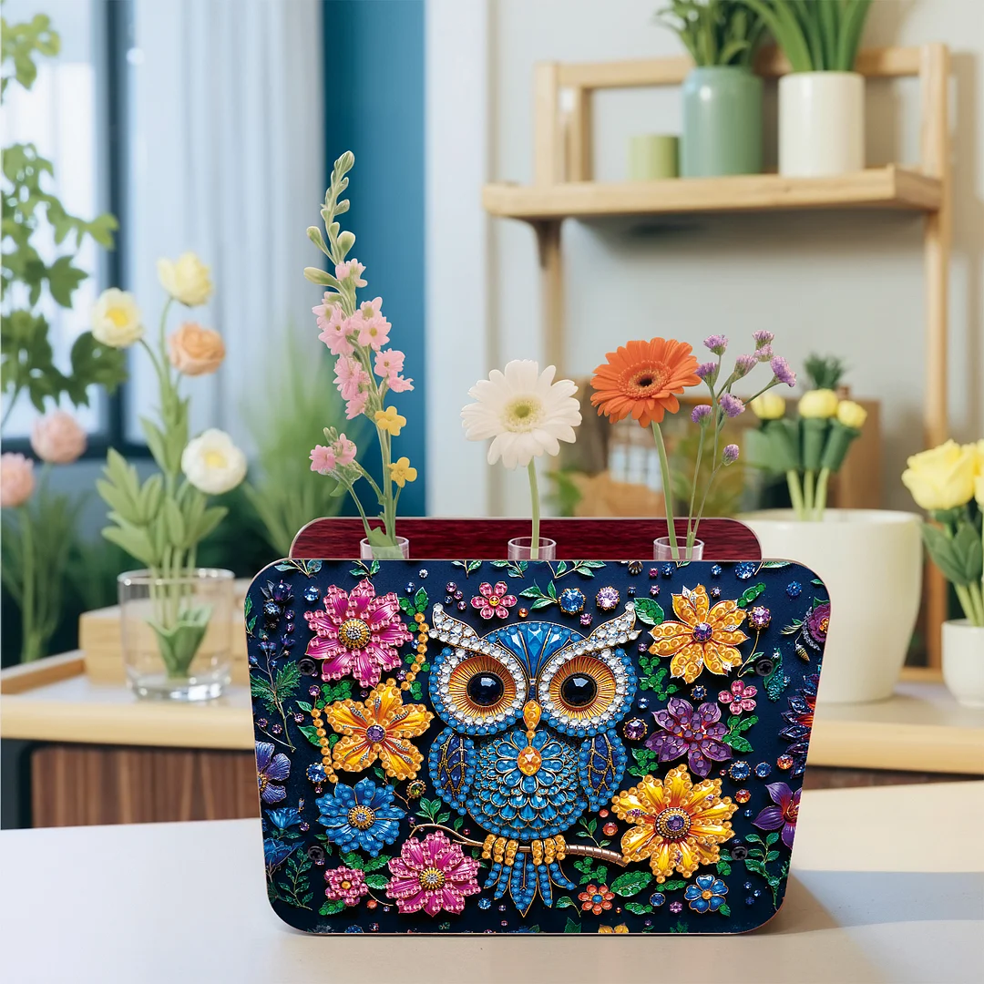 Owl DIY Flower Vase Wooden Double Sided Desktop Diamond Art Kit for Home Decor