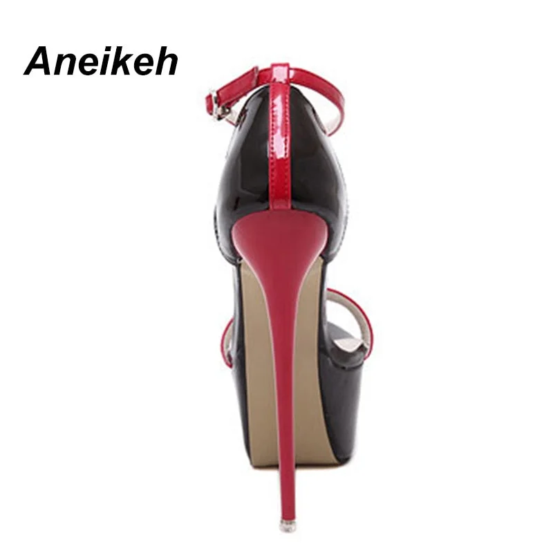 Aneikeh 2022 Fashion Peep Toe High-heeled Sandals Sexy 16CM High Heels  Buckle Strap Nightclub Party Shoes Big Size 40 Black