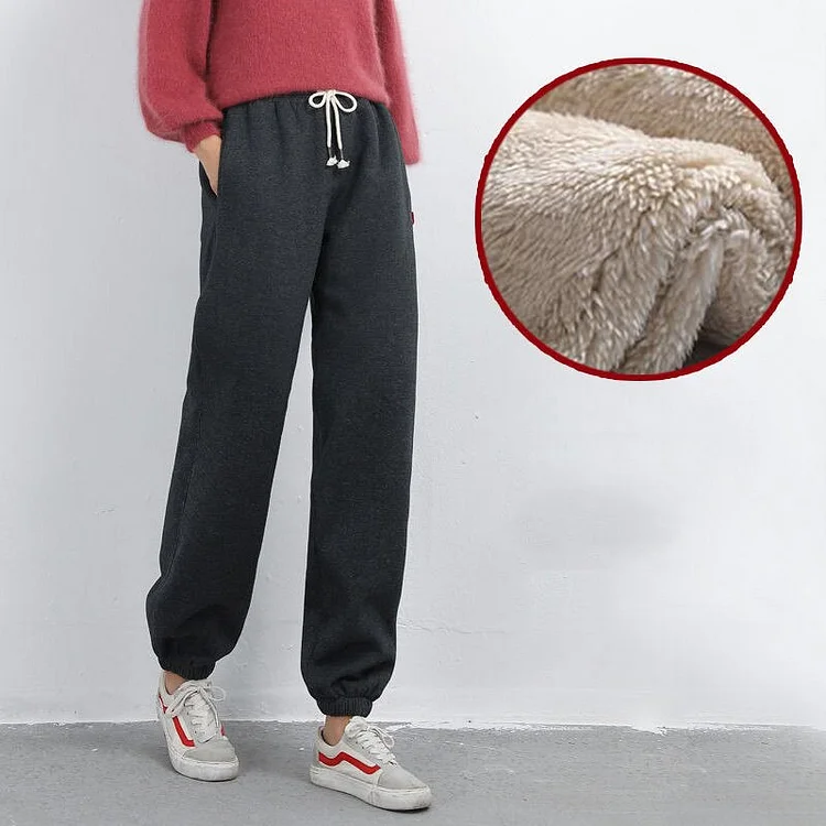 Dubeyi Cashmere Autumn Winter Plus Velvet Thick Sports Pant Women's Harem Oversized Warm Fashion Pants Belt Female