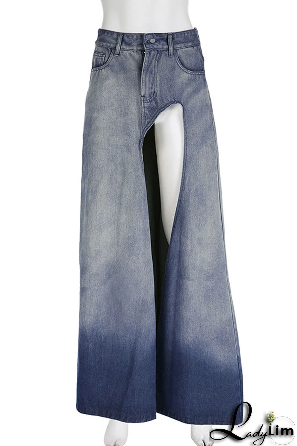 Blue Casual Daily Gradual Change Make Old Slit Regular Denim Skirts