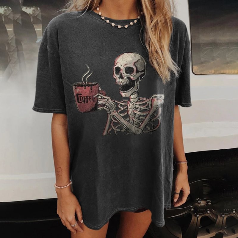 Minnieskull Casual skeleton coffee print T-shirt - Minnieskull