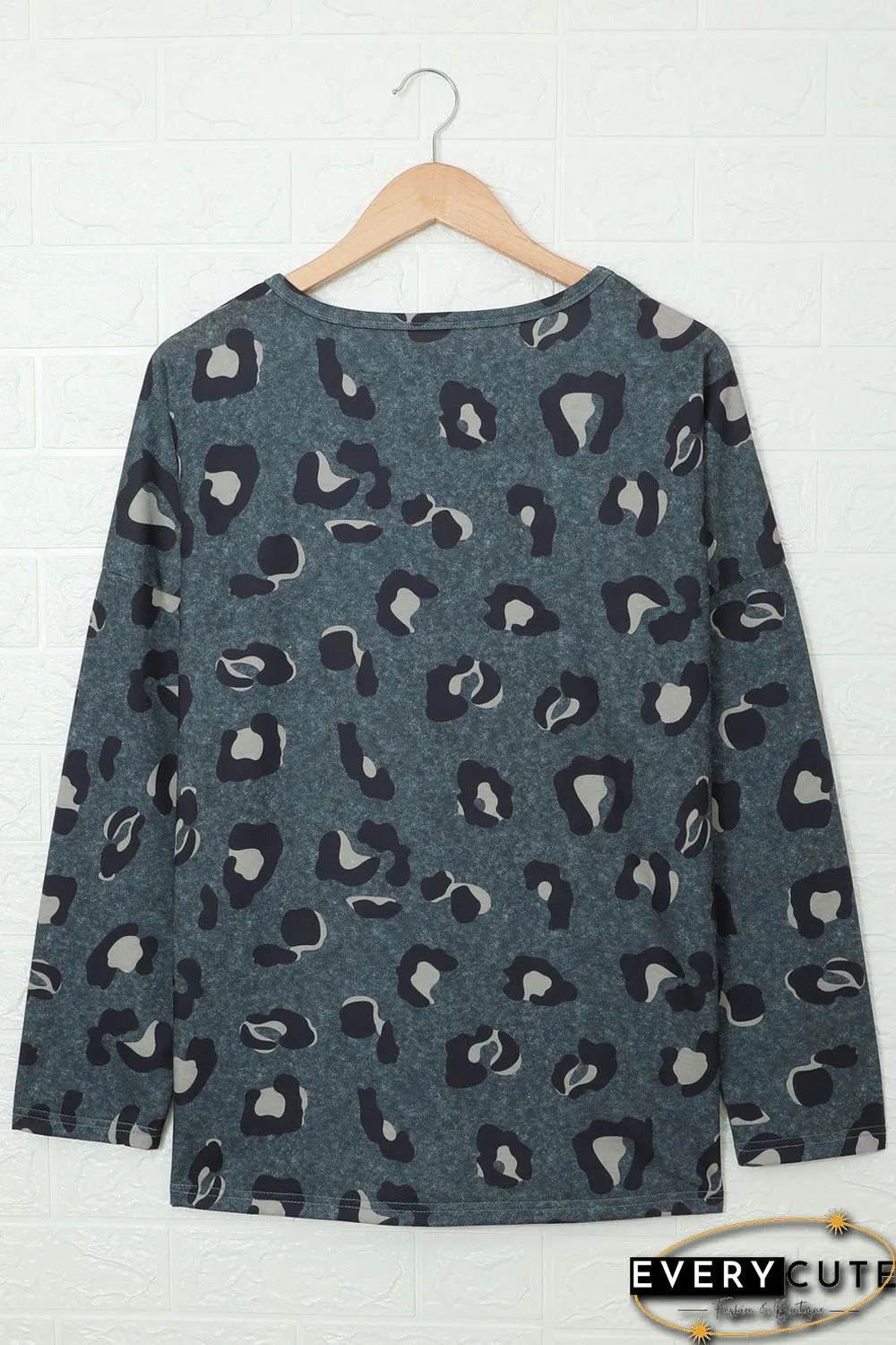 Leopard Print Pullover Long Sleeve Top with Slits
