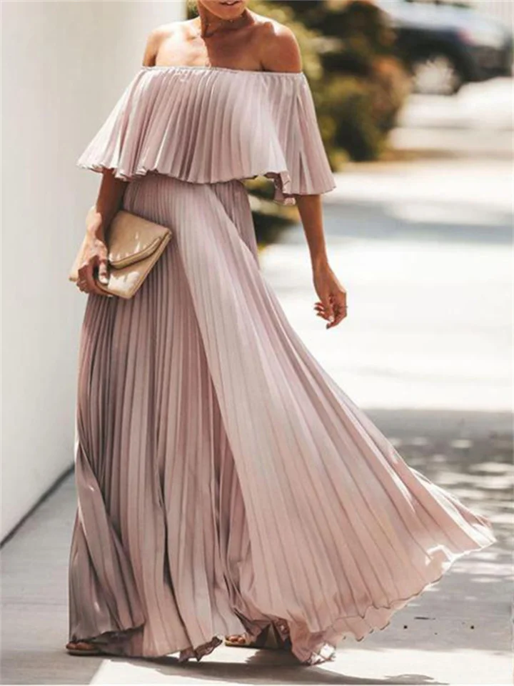 Spring and Summer New Long Dress Sexy Strapless One Shoulder Pleated Chiffon Party Dress