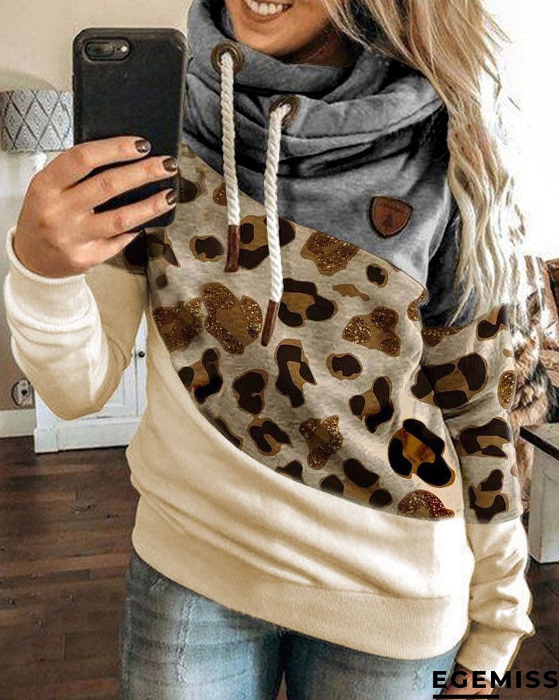Lantern Sleeve Colorblock Leopard Print Hooded Top | EGEMISS