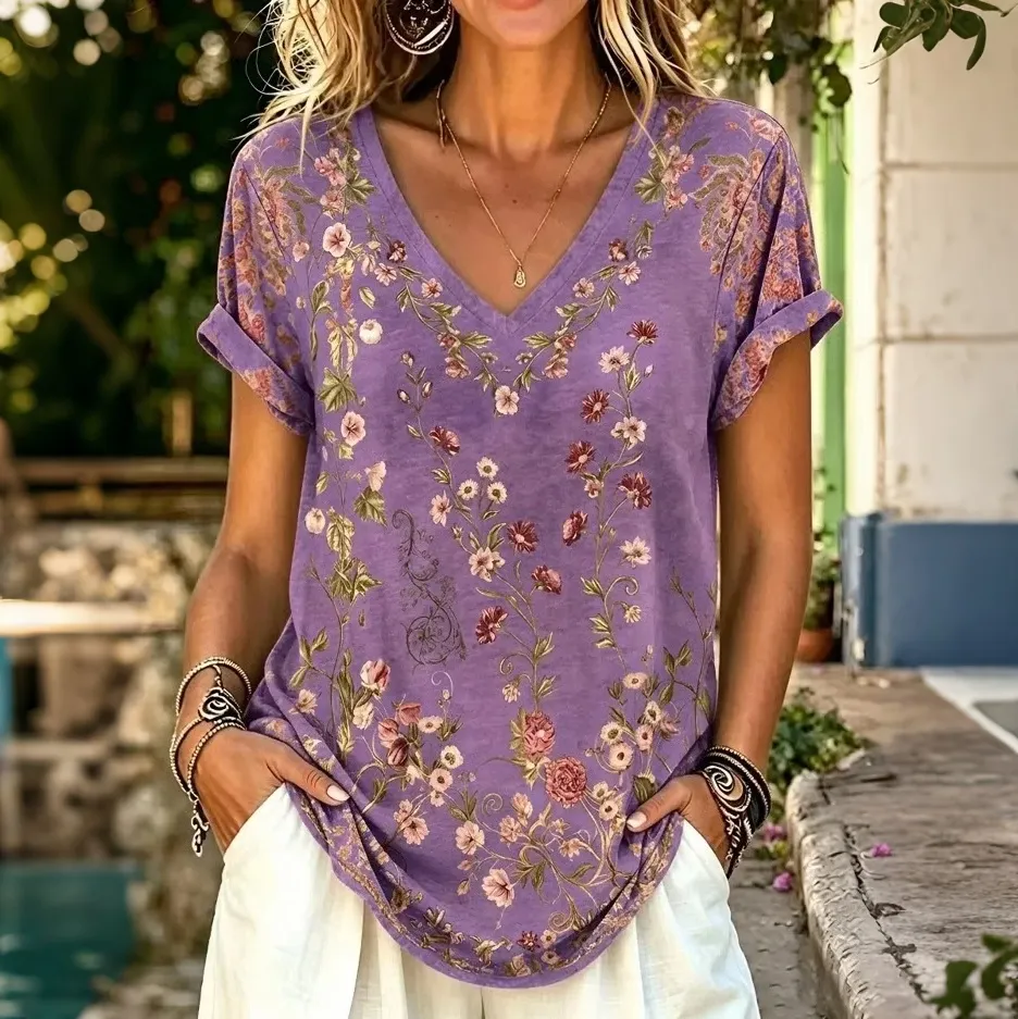 Comstylish Women's Retro Floral Art Print V-neck Short Sleeve T-shirt