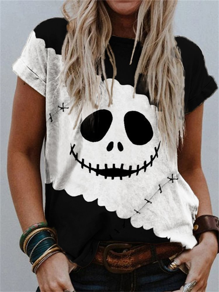 Halloween Spooky Face Stitch Contrast Color T Shirt