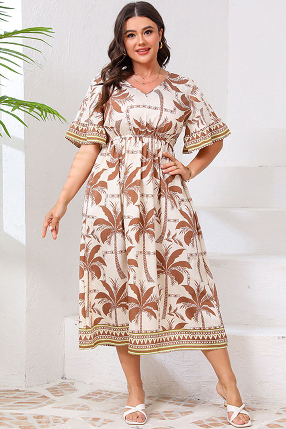 Plus Size Everyday Khaki Plant Print Flare Sleeve Midi Dress 2024 - Flycurvy 
