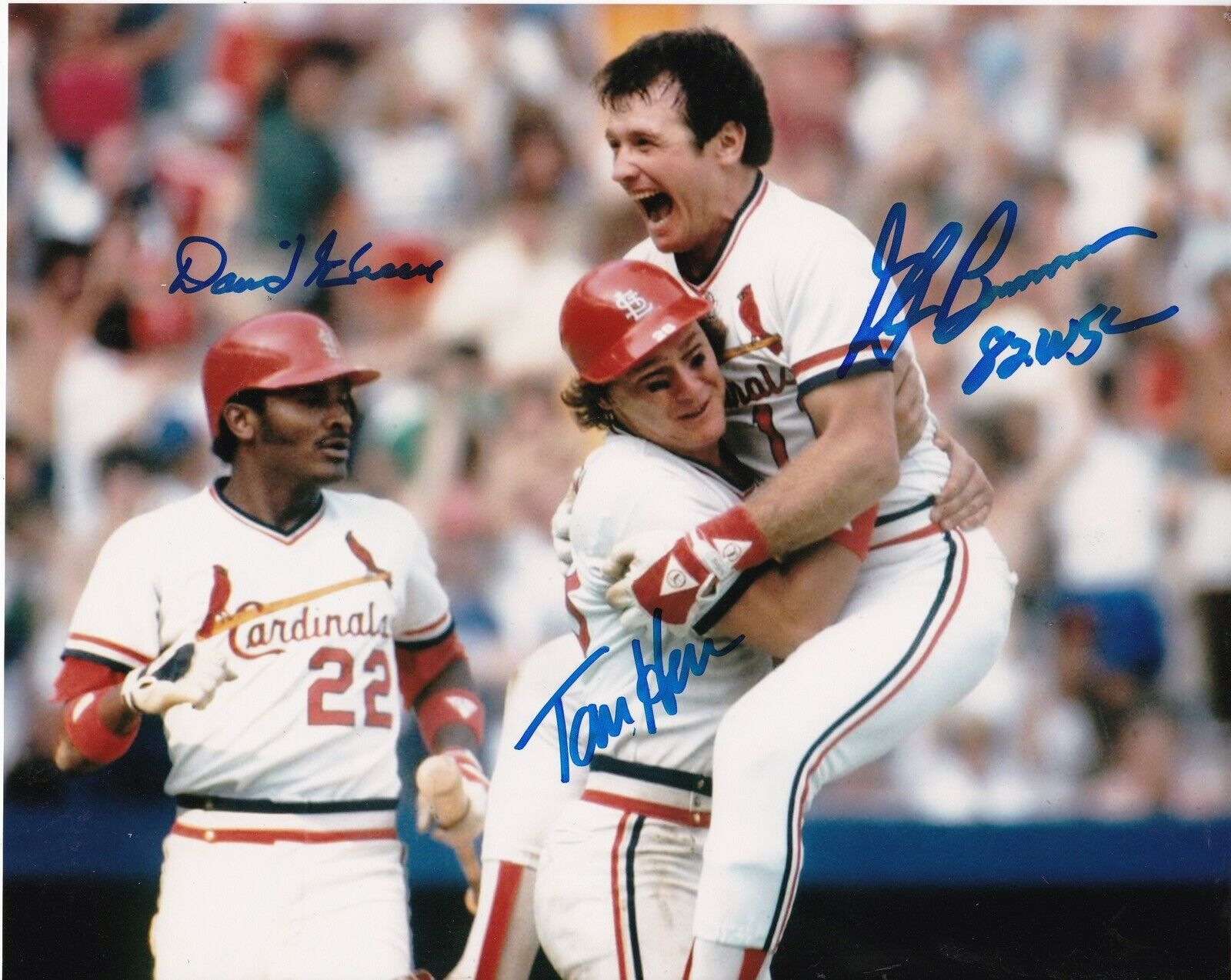 DAVID GREEN / TOM HERR / GLENN BRUMMER ST. LOUIS CARDINALS 1982 WSC SIGNED 8x10