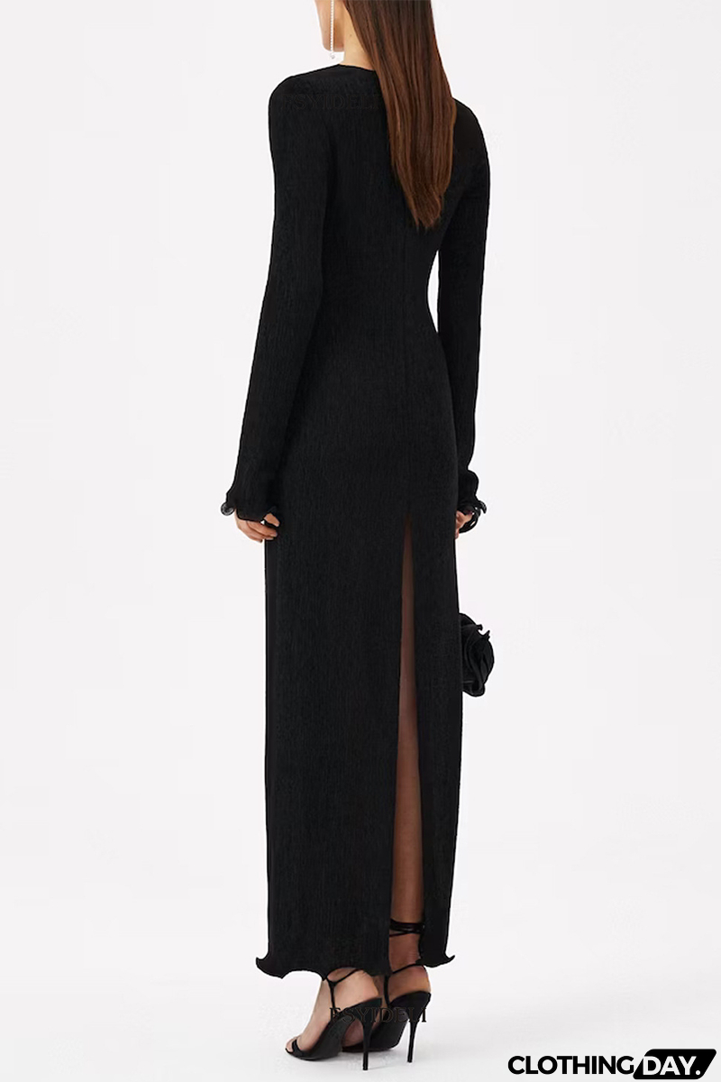 Sexy Solid Color Slit Flower Shape V Neck Long Sleeve Dresses