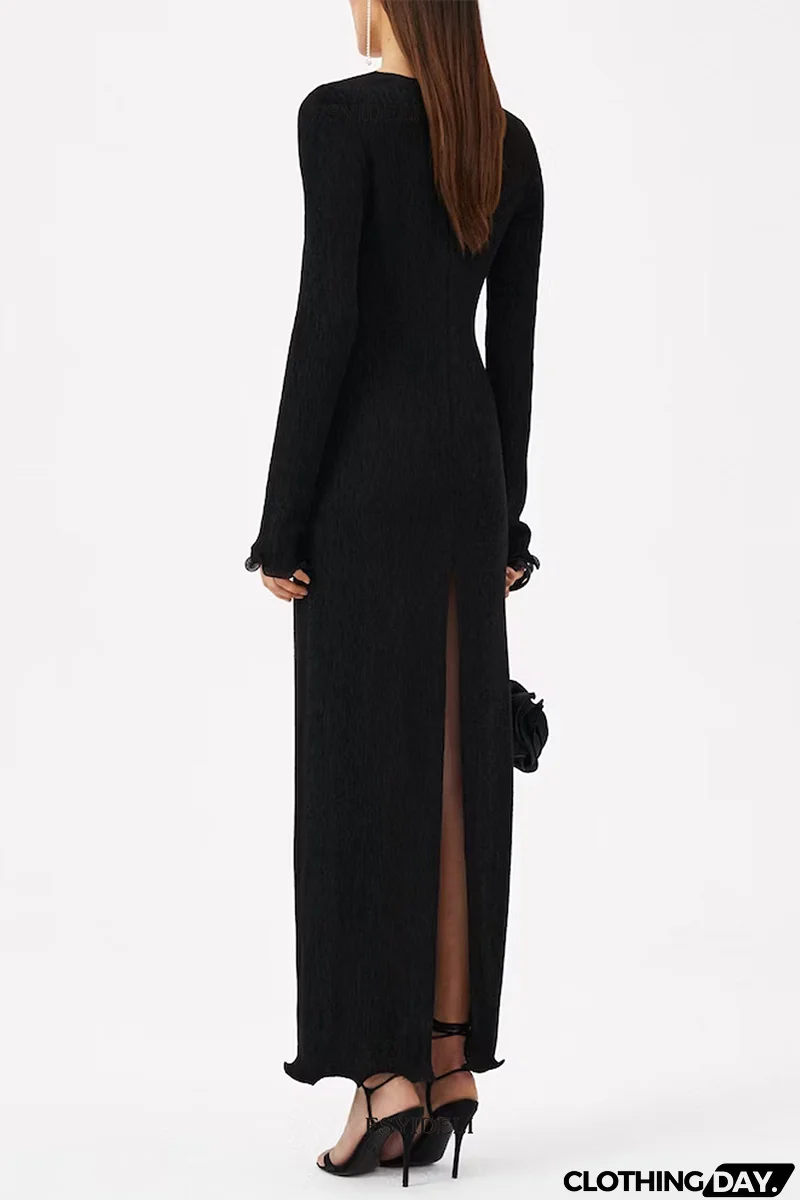 Sexy Solid Color Slit Flower Shape V Neck Long Sleeve Dresses