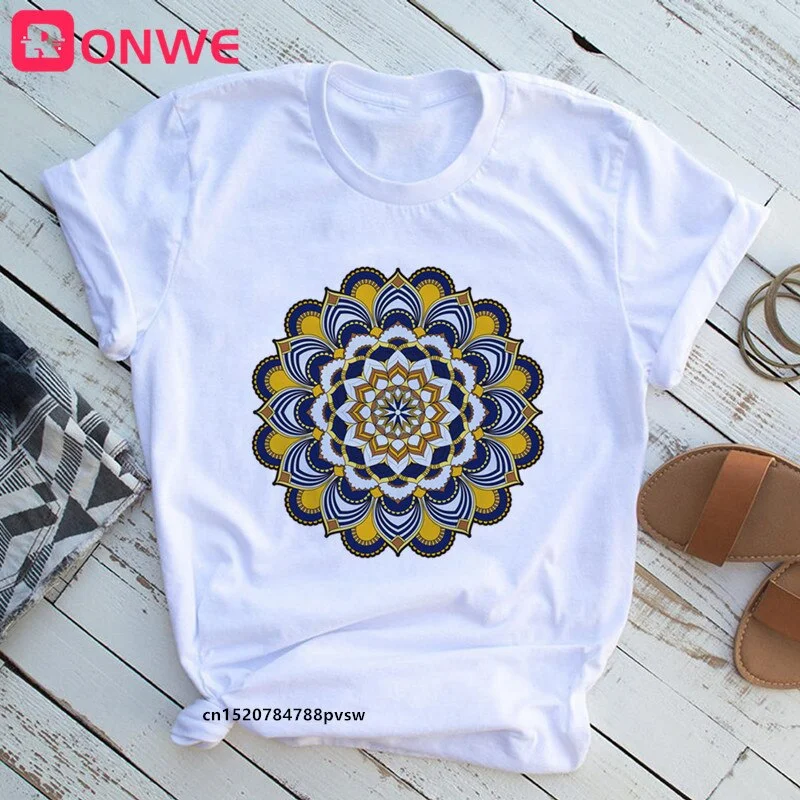 Mandala Flowers Stripes Thermo Funny Women T-shirt Girl  Summer 90S Print Tops Tee,Drop Ship