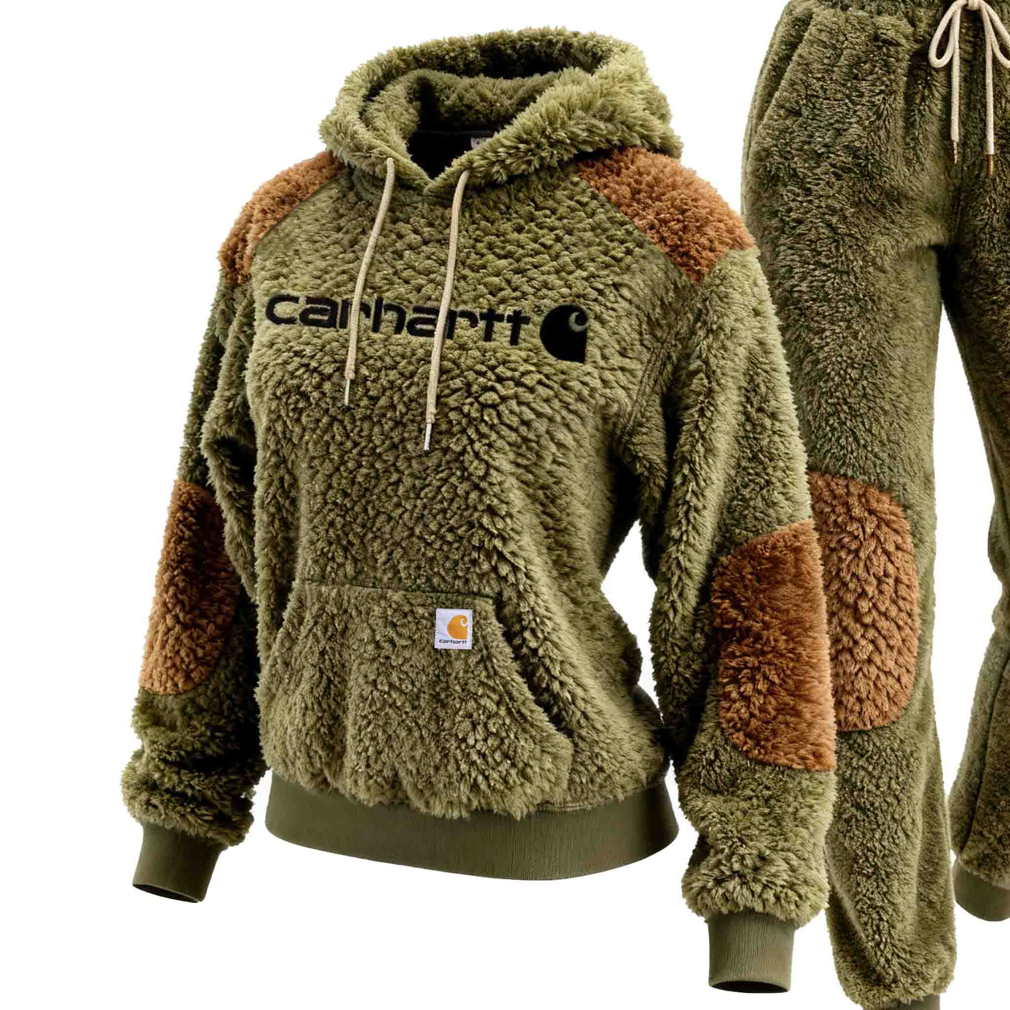 Women's Vintage Embroidered Fleece Olive Green Color Block Pocket Hoodie And Sweatpants Jogger Set