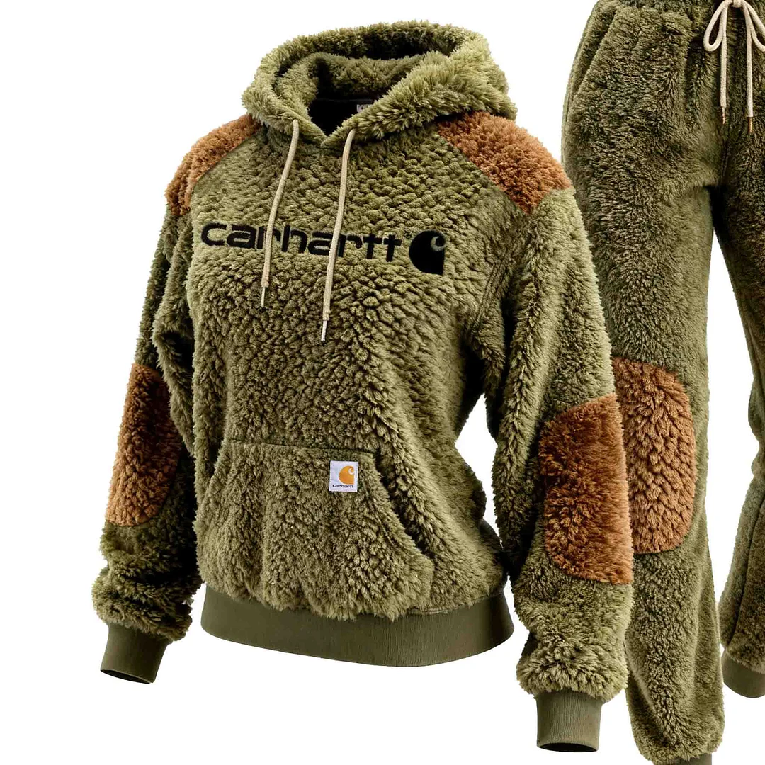Women's Vintage Embroidered Fleece Olive Green Color Block Pocket Hoodie And Sweatpants Jogger Set