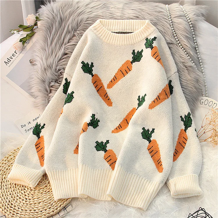 Loose Cartoon Carrot Print Long Sleeve Sweatshirt - Modakawa Modakawa
