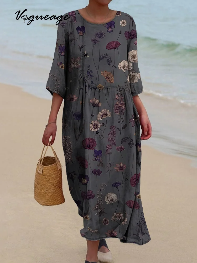 Elegant And Comfortable Flowers Printed Women's Casual Cotton And Linen Dress
