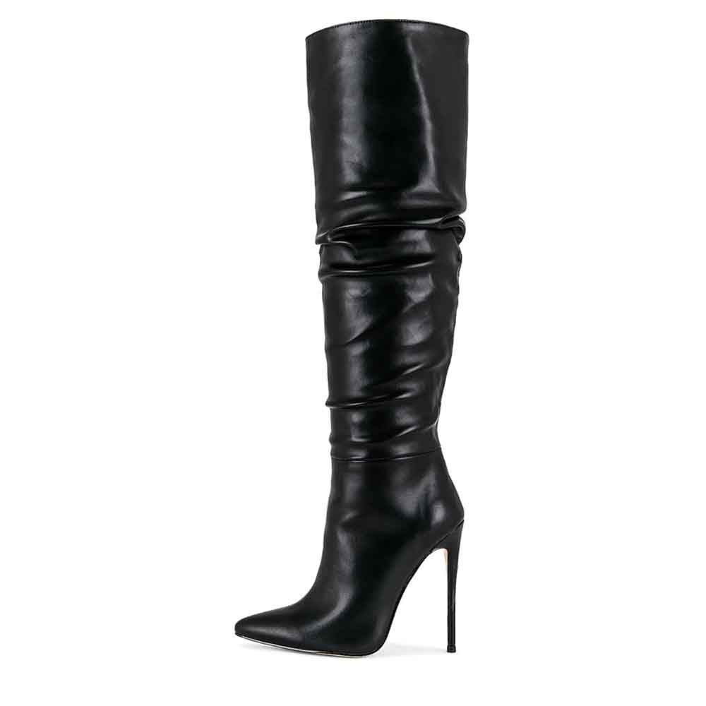 Black Wide Calf Knee High Boots with Stiletto Heels Nicepairs