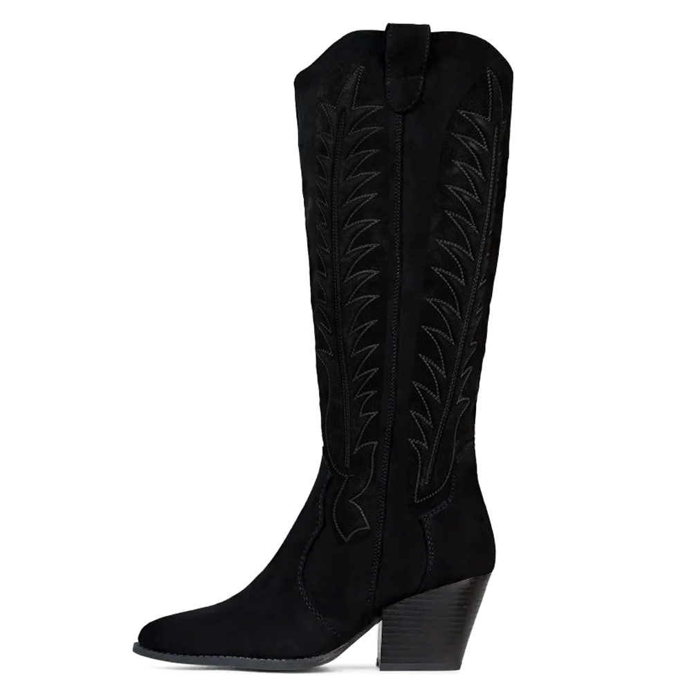 Classic Black Vegan Suede Chunky Heel Stitching Cowgirl Boots Nicepairs