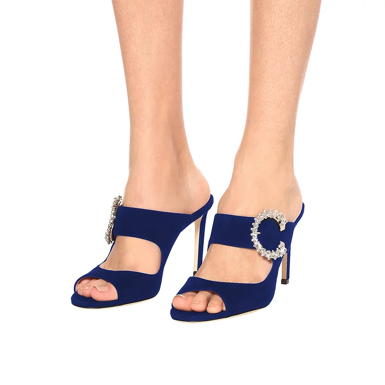 Navy Blue Vegan Suede Stiletto Heels Peep Toe Rhinestone Buckle Mules |FSJ Shoes