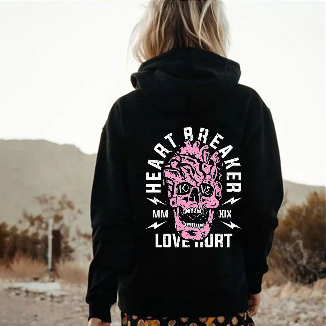 HEART BREAKER LOVE HURT Skull Graphic  Black Print Hoodie