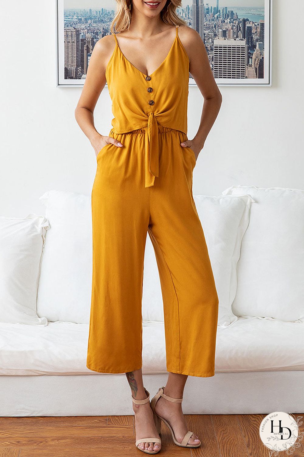 Fashion Street Solid Split Joint V Neck Loose Jumpsuits