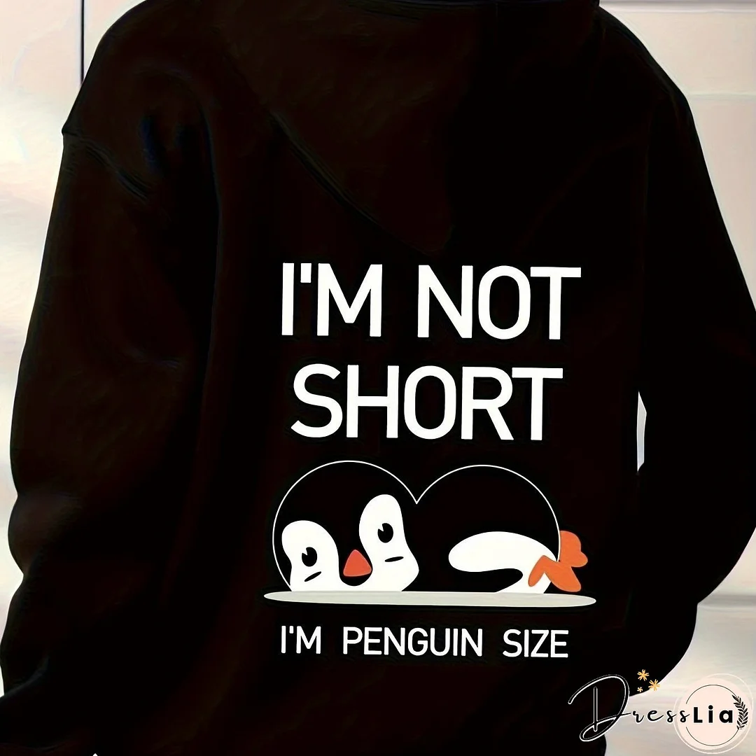 Penguin Graphic Casual Sports Hooded Sweatshirts, Animal Print Drawstring Hoodies With Front Pocket, Women's Sporty Sweatshirts